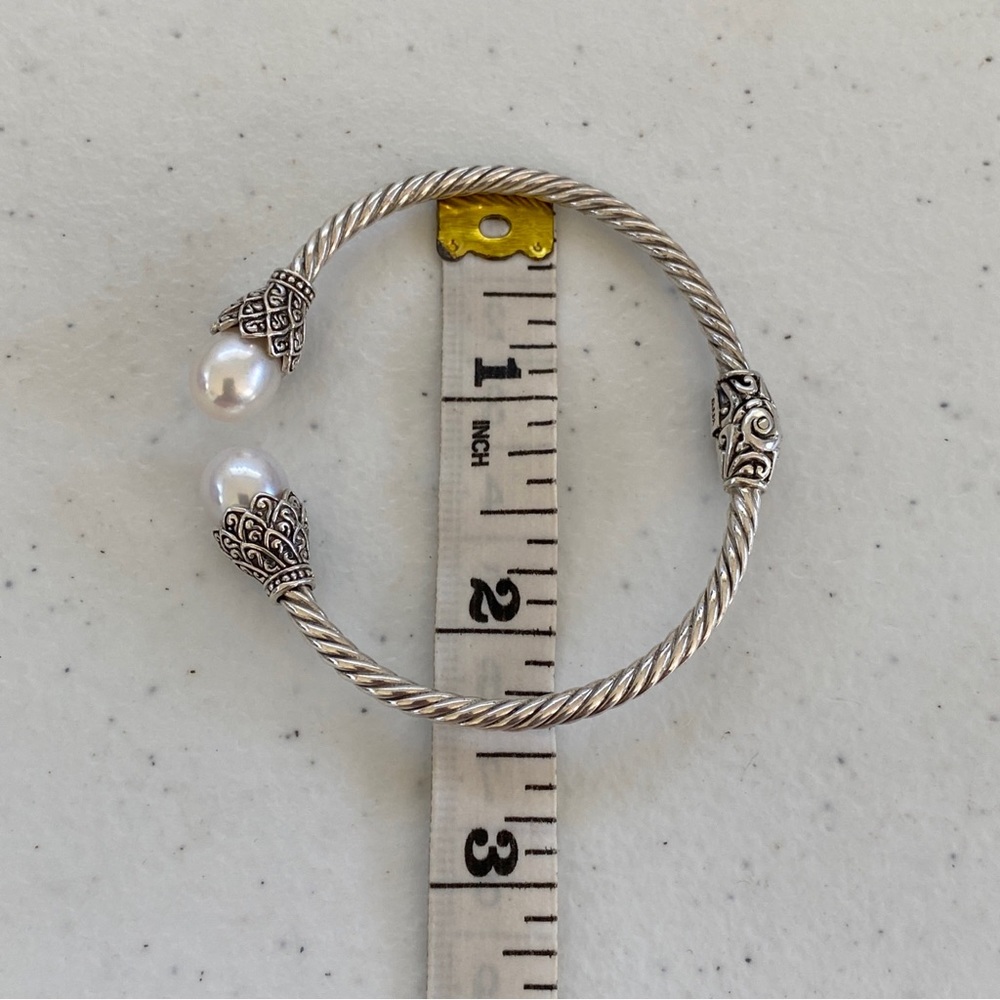 Sarda Artisan Bali Sterling Hinged Silver Twist Cuff Bracelet with Pearl Ends - Picture 8 of 9